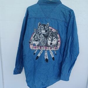 Vintage 90s Native American Wolf Glittering Chambray Denim Button Down Top Large